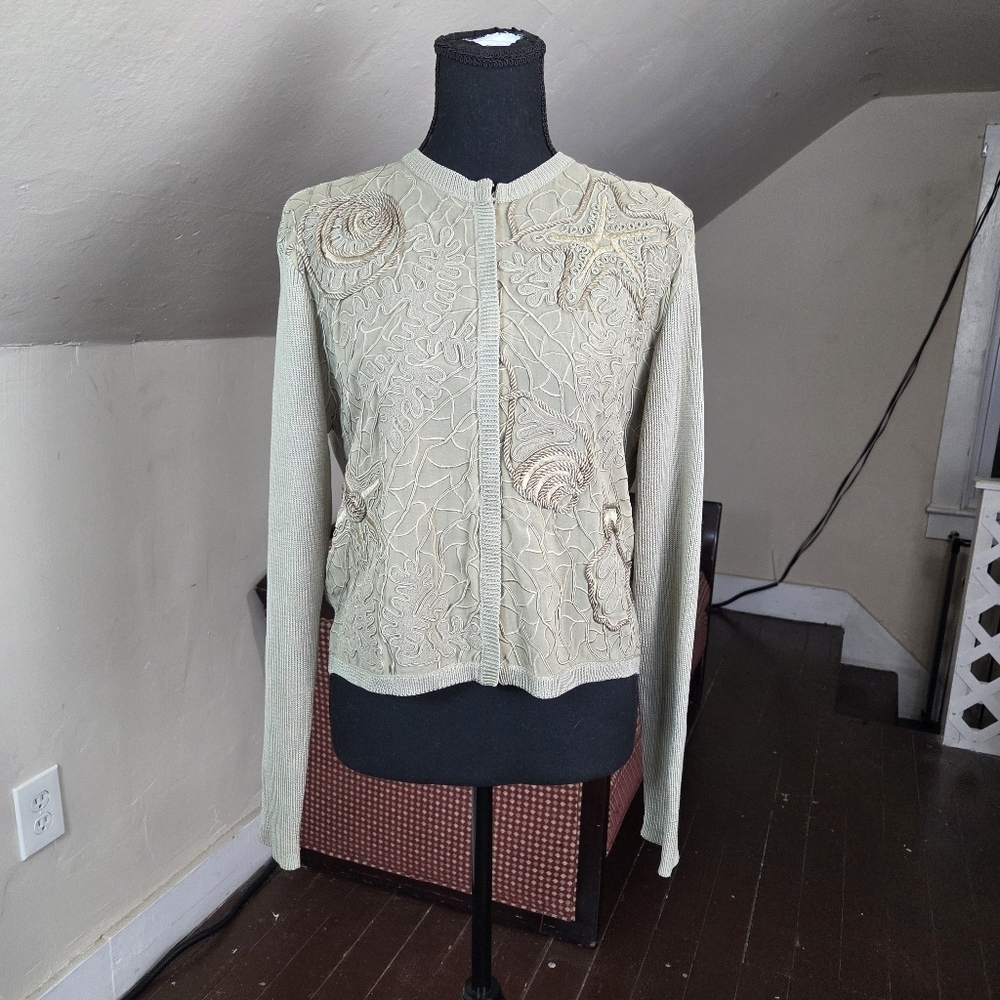 Carlisle 100% Silk Cardigan M Embroidered Sea Life Starfish Seashell Coral